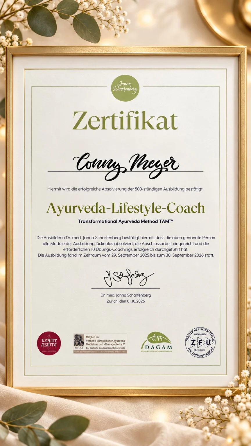 Vollständiges Ayurveda-Lifestyle-Coach-Zertifikat der 500-stündigen Ausbildung bei Dr. med. Janna Scharfenberg